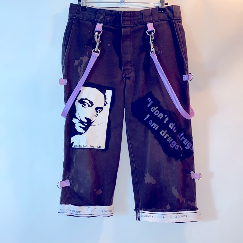 Salvador Dali patchwork bondage strap capri pants